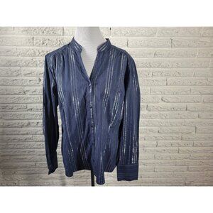 Ana Womens Top 3X Plus Long Sleeve Button Up Blue Silver Metallic STR107E